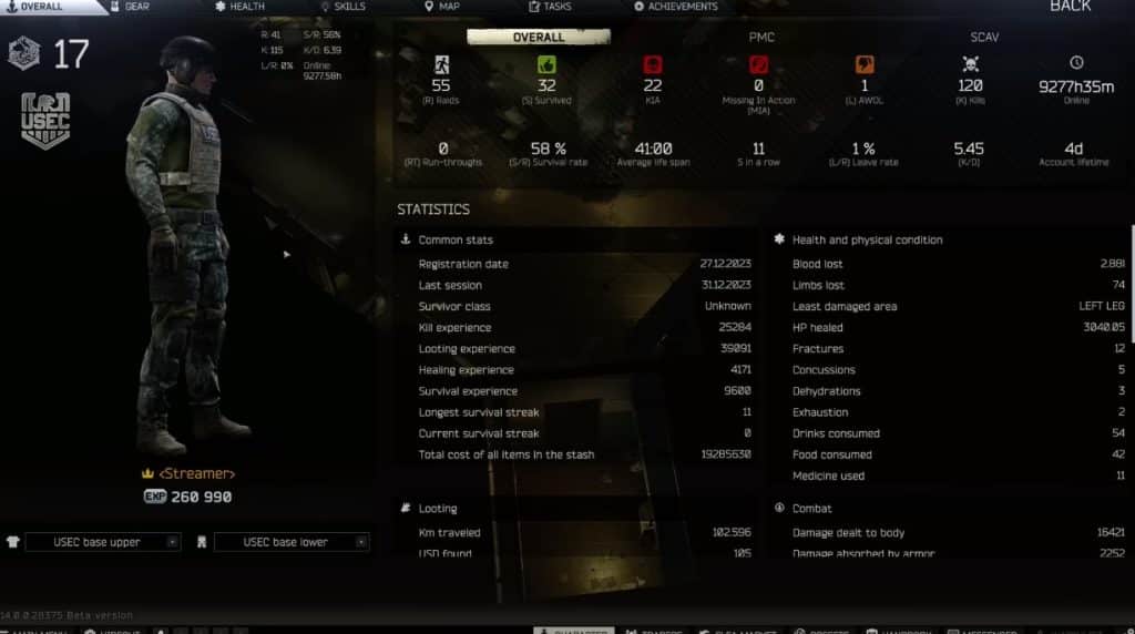 Escape From Tarkov Armor menu
