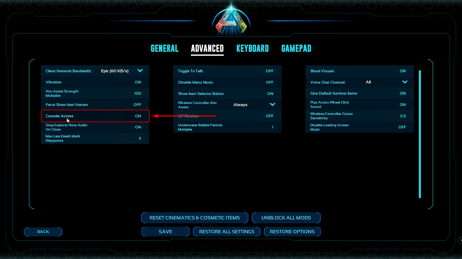 Settings Menu in Ark: Survival Ascended