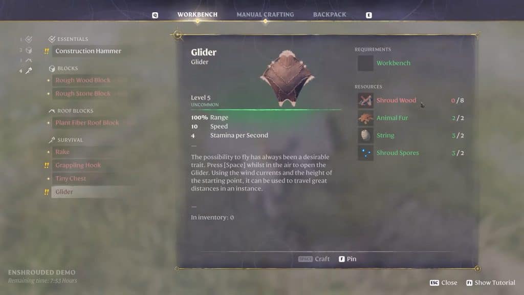 Enshrouded: How to Get a Glider in Early Game - Crafting