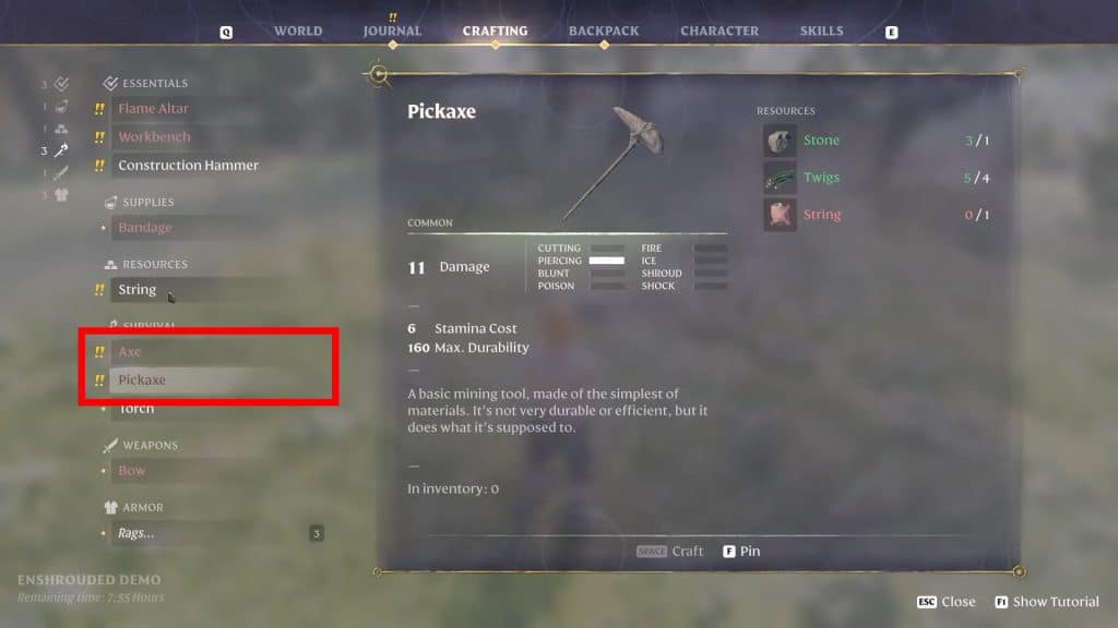 Pickaxe and Axe crafting