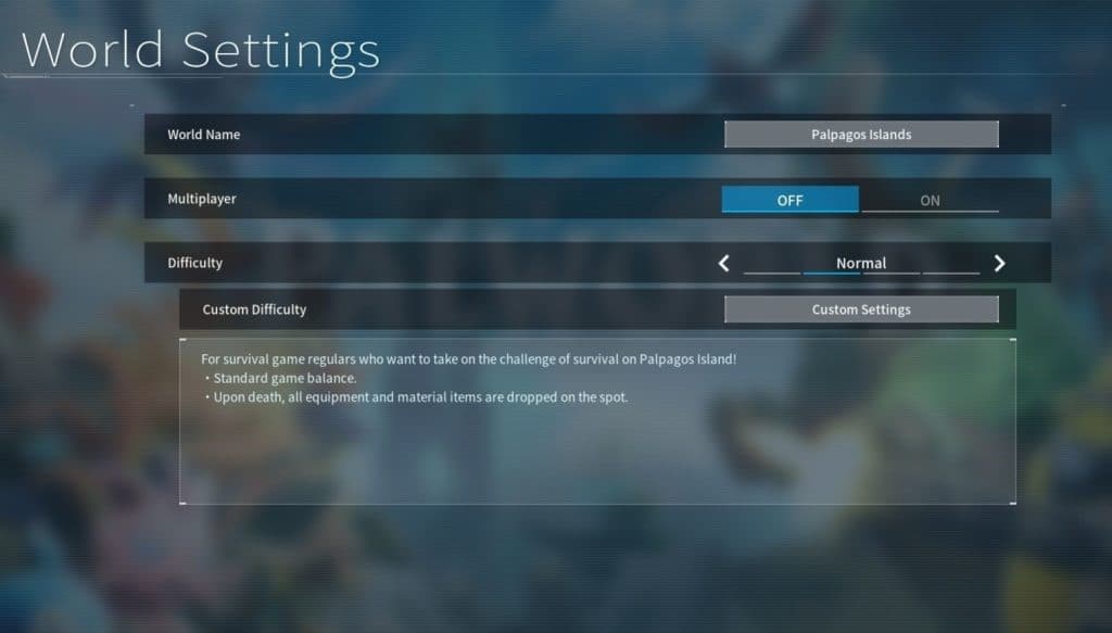 Palworld World Settings screen