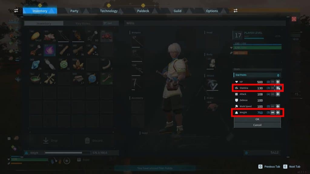 Important Things to Do First in Palworld - Weight and Stamina