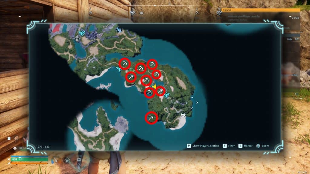 Early-game ore nodes on the map Palworld