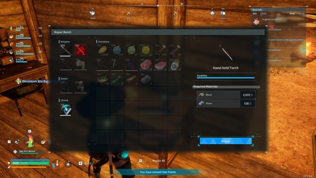 Repair Bench inventory menu showing a torch.