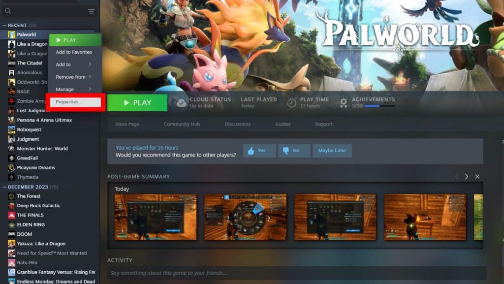 Steam game Properties example