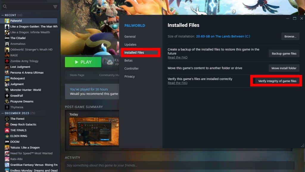 Steam file verification option