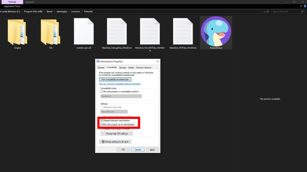 Palworld EXE compatibility settings