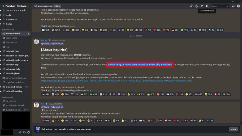 Screenshot of the Discord annoucement regarding multiplayer issues