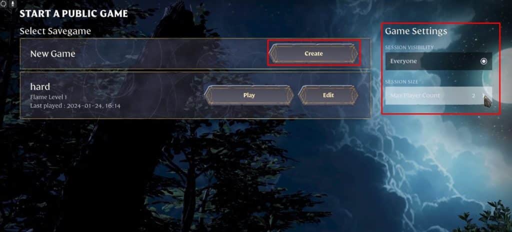Host Enshrouded settings menu