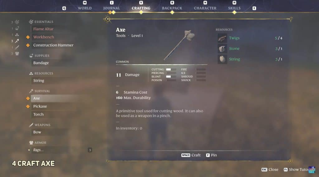 Recipe to learn how to craft an axe in enshrouded