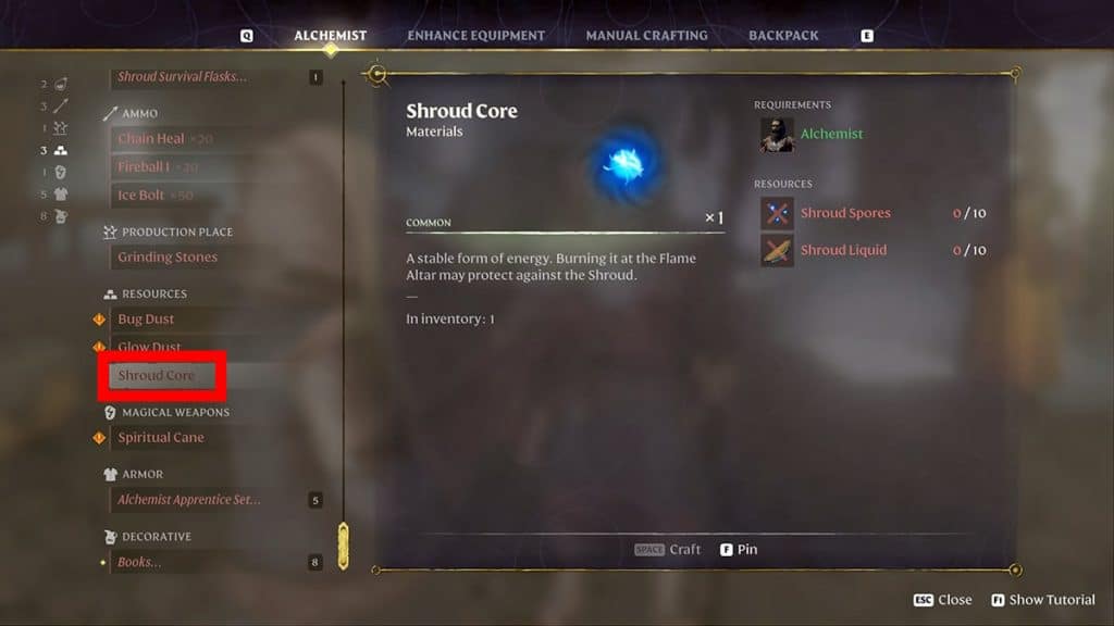Alchemist can craft Shroud Cores