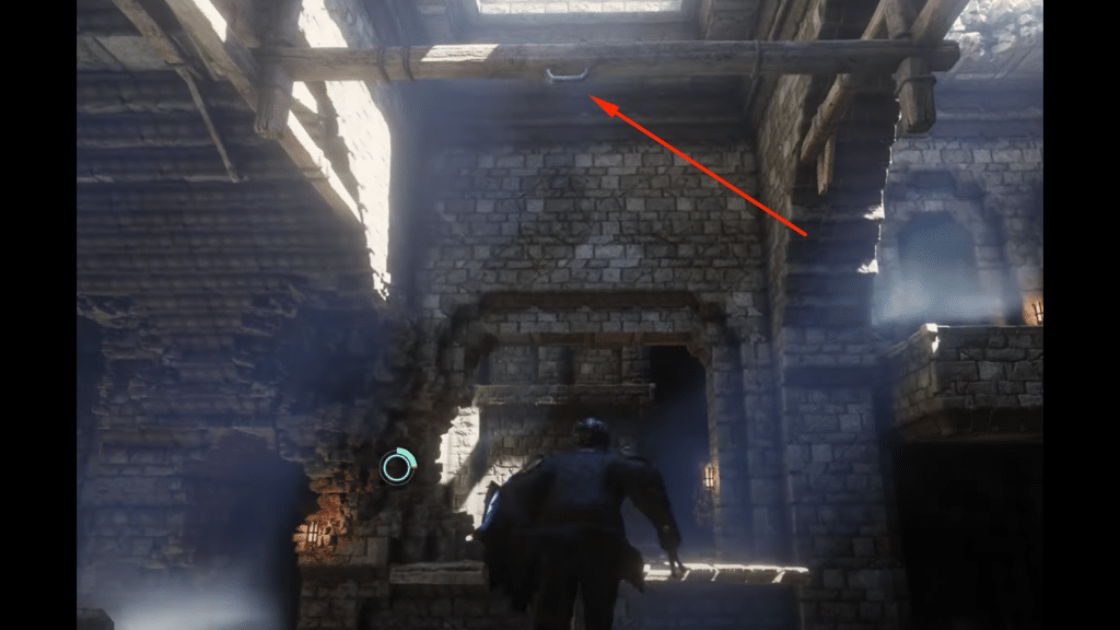 where to use your grapple hook to get to the platform for the 2nd button
