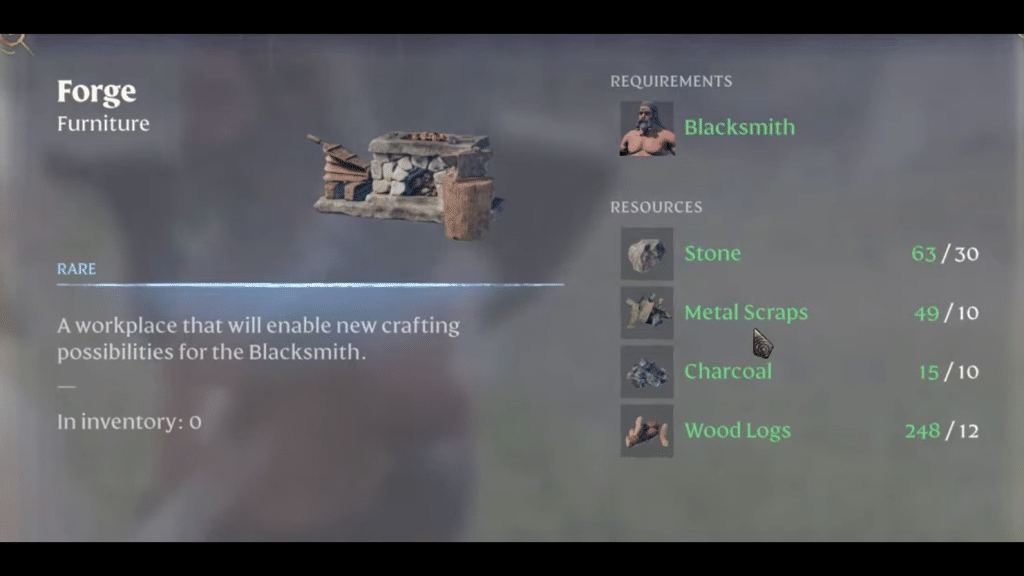 Item description for the Forge and resources needed to craft the Forge