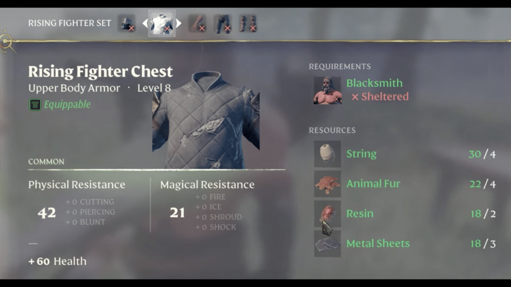 The Rising Fighter Set item description and resources needed to craft item