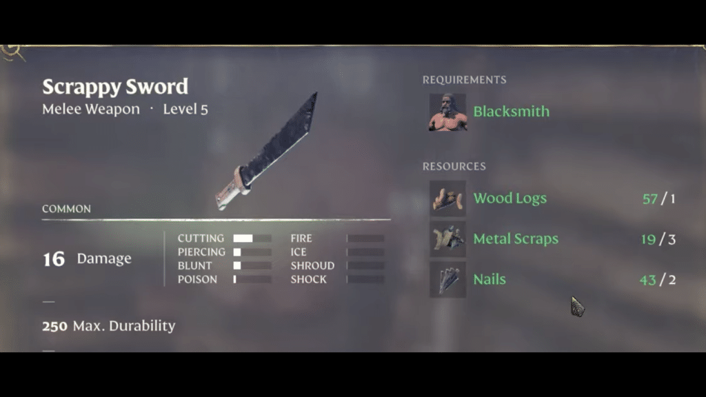 Item description for Scrappy Sword and Resources needed to craft it