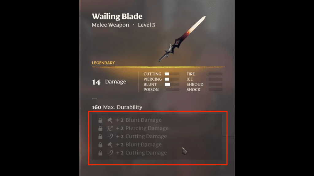 Item description for Wailing Blade and upgradeable stats