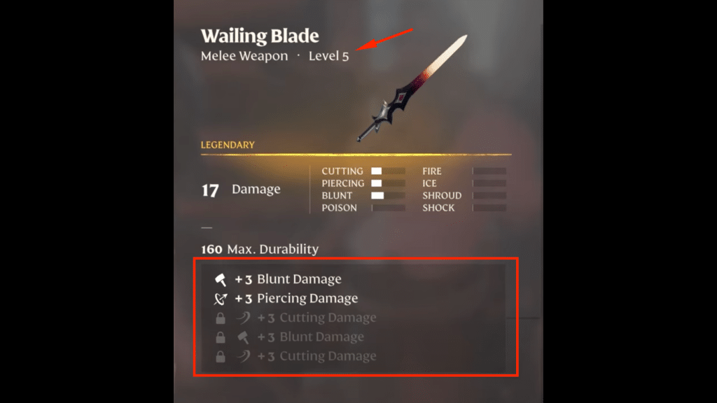 Item description of Wailing Blade and upgraded stats with 2 upgrades being active