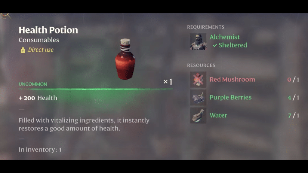 Item description for Health potion and resources needed to craft it