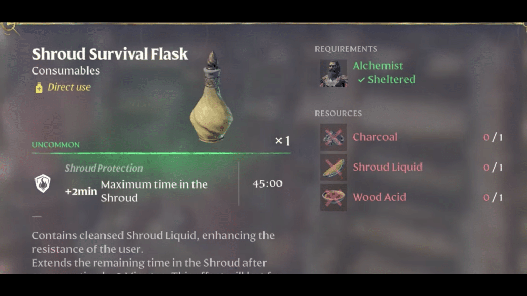 Item description for Shroud Survival Flask and resources needed to craft it