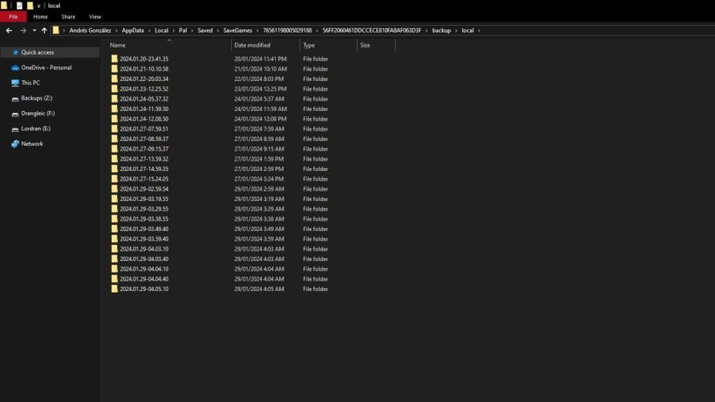 Timestamped backup folder list