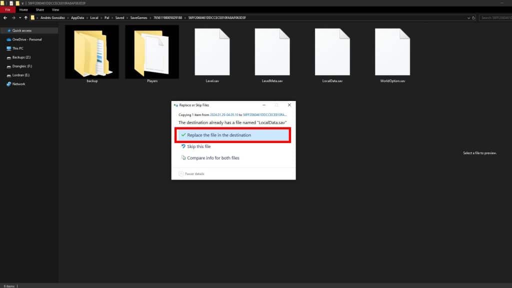 Replacing saved file with backup save
