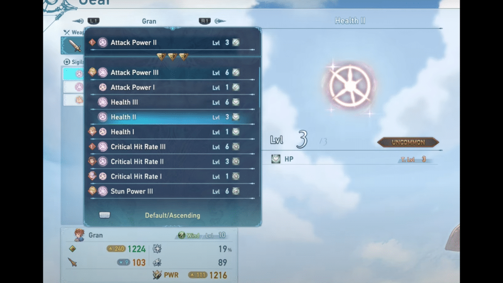 menu where players can select sigils