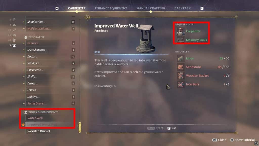 Water Well requirements and recipe