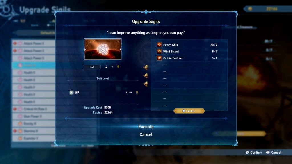 Example of a Sigil upgrade requirement