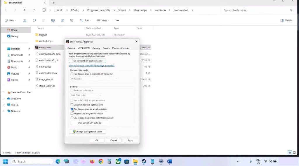 Admin settings for enshrouded.exe crashed fix