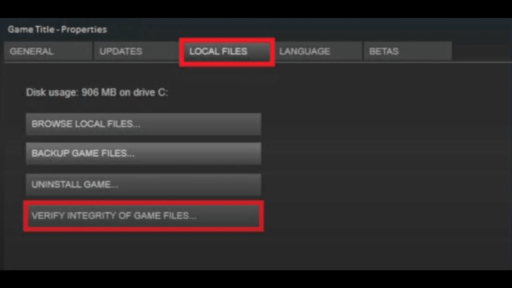 image showing where to go to verify game files