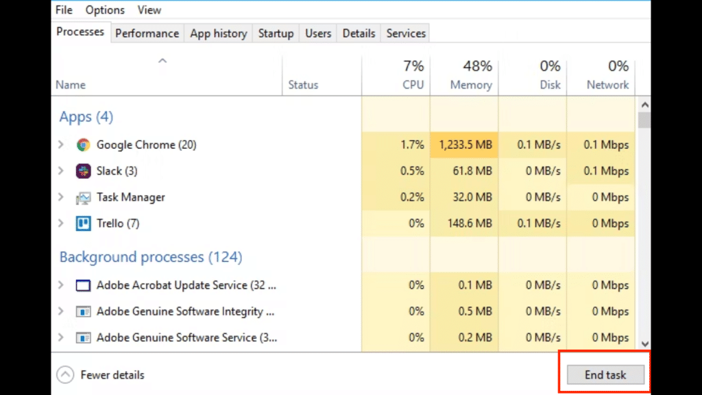 task manager with end task highlighted