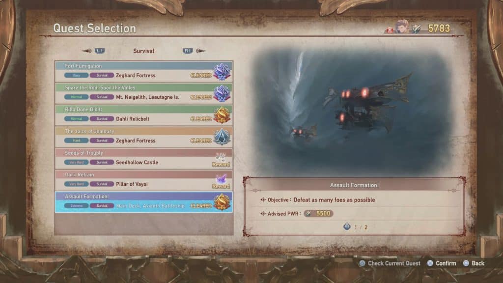 Selecting a Survival quest