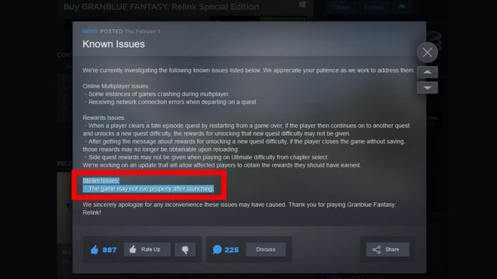 Official Known Issues news on Steam