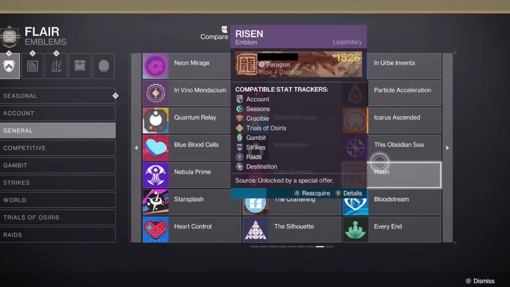 Risen emblem in the Collections in-game