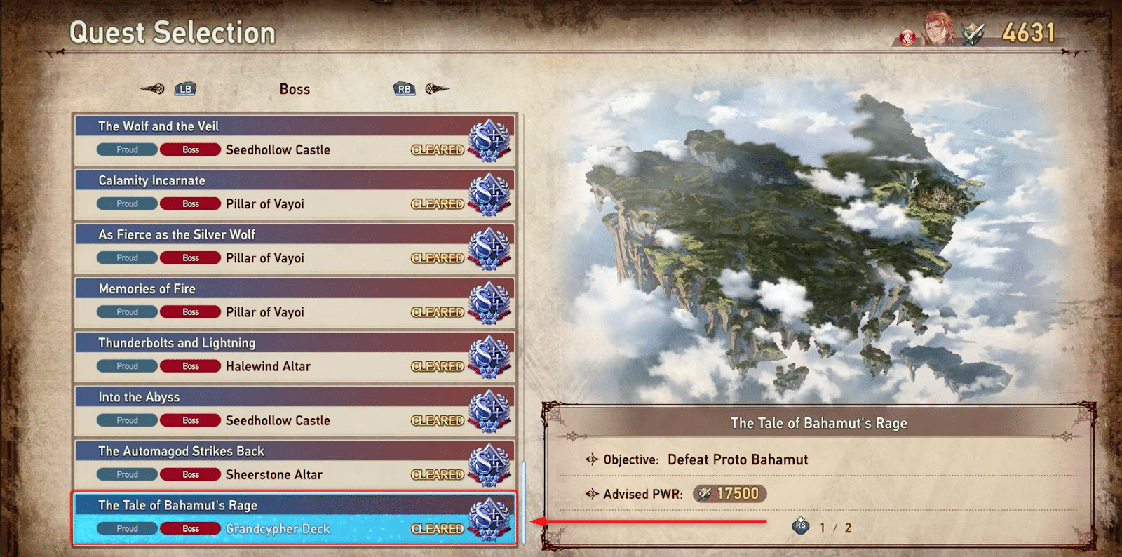 Quest Selection in Granblue Fantasy Relink