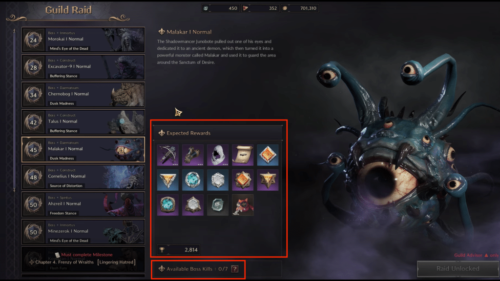 raid bosses menu, with rewards of a specific boss being highlighted