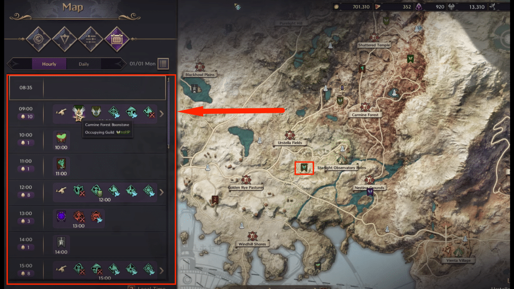 your map in the game showing you the schedule on the left. a boonstone is also marked on the map