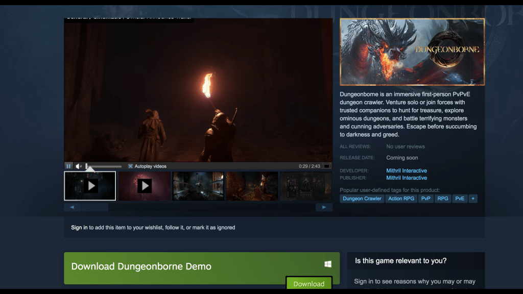 steam page for dungeonborne