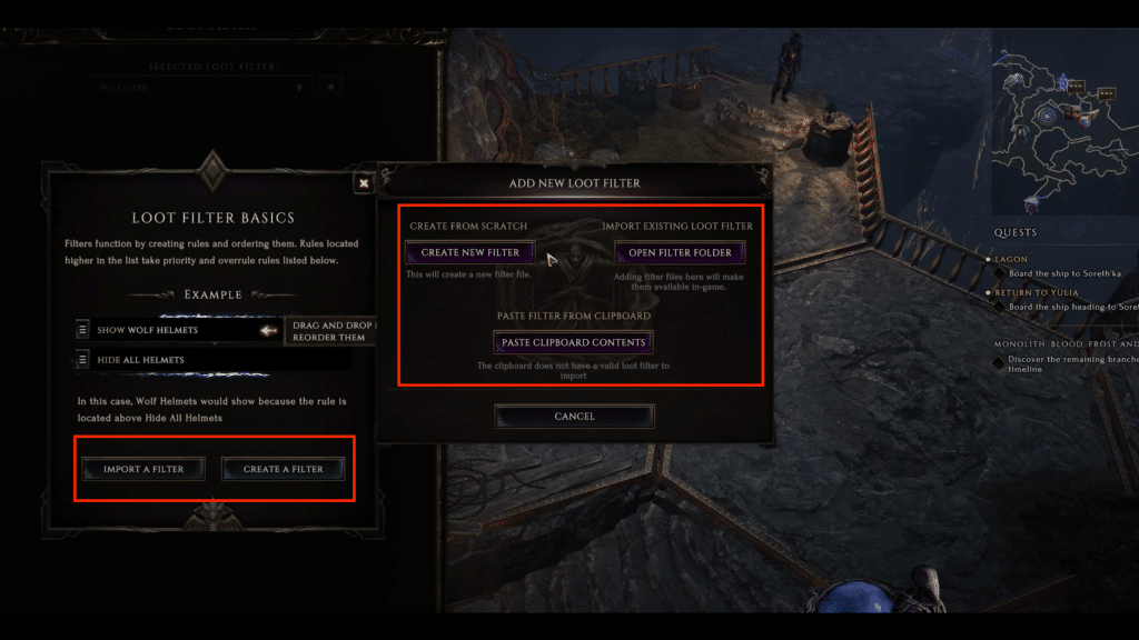 creating or importing a loot filter menu