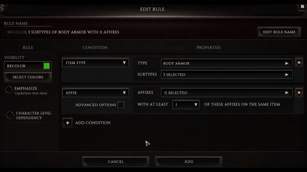 loot filter with multiple conditions under the same rule
