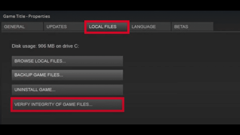 properties of a game on steam showcasing how to verify game files.