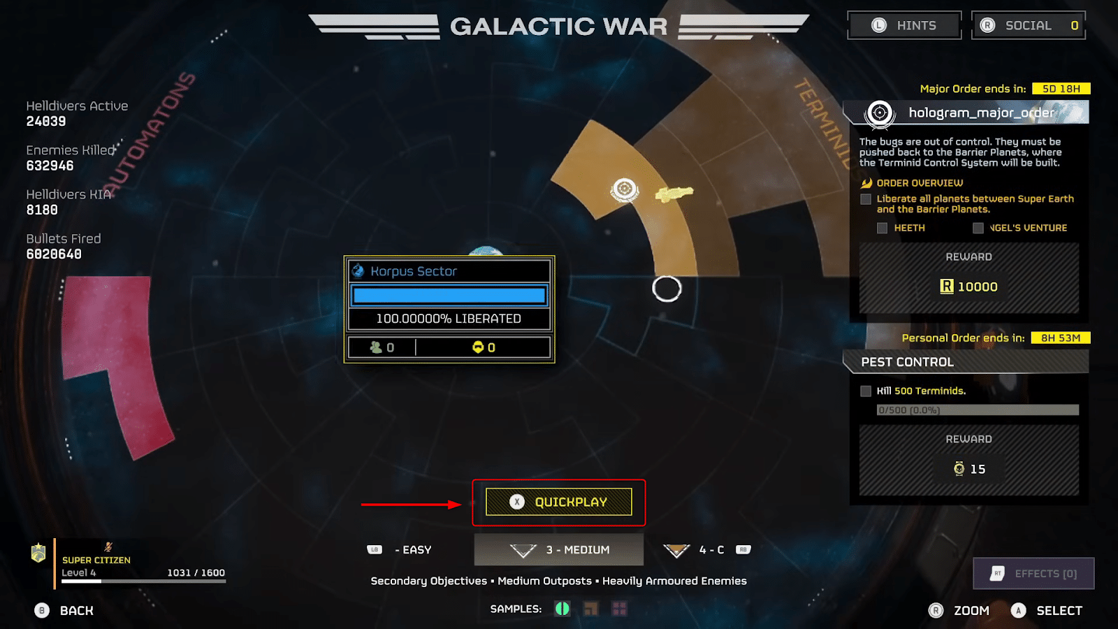Quickplay Button in Helldivers 2