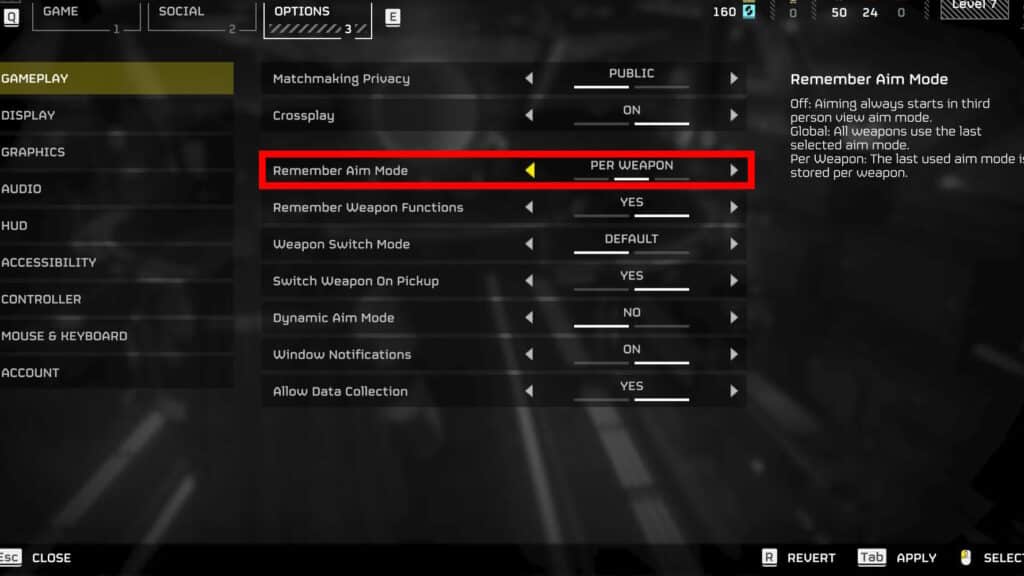 Remember Aim Mode setting