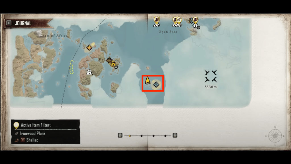 map showing the location of where you get the quest and where the ship is