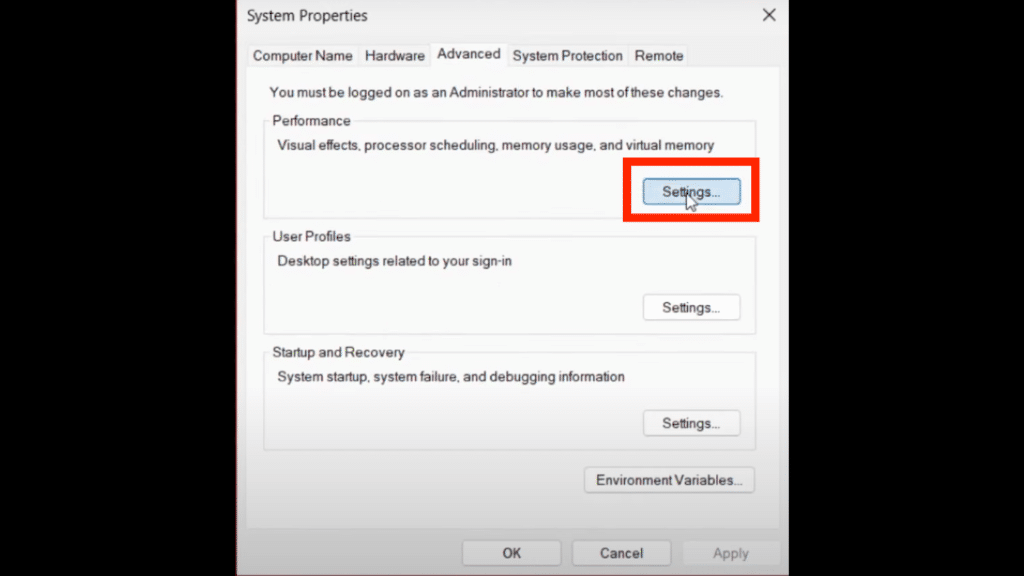 system properties with performance settings highlighted