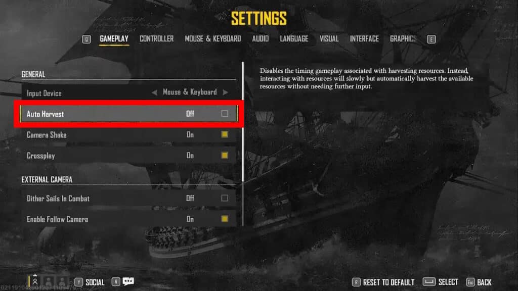 Auto Harvest setting