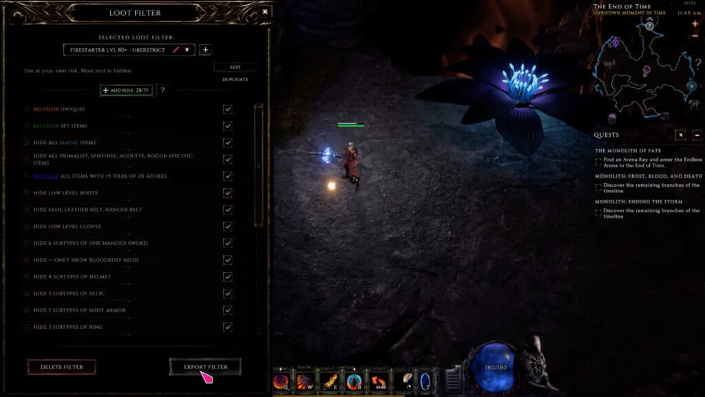 Last Epoch import and export loot filters menu