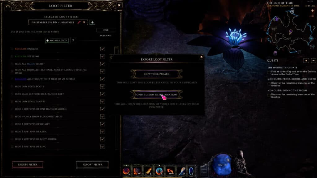 Last Epoch import and export loot filters menu option