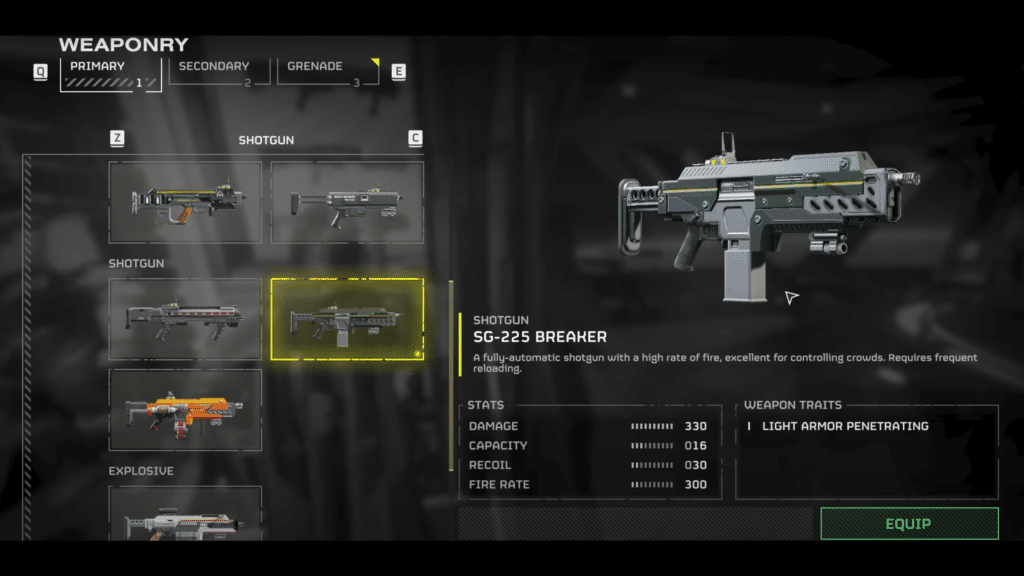 primary weapons loadout selection