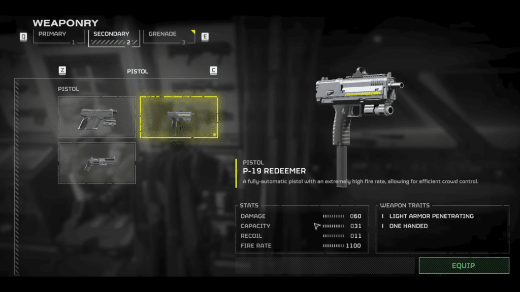 secondary weapons loadout selection